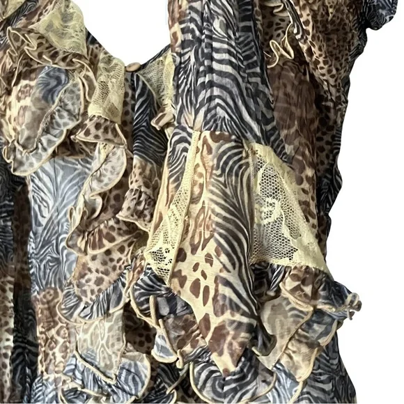 NWT 90s Y2K Vintage MK Solo Animal Print Sheer Ruffle Blouse Lace. Size XL - Picture 10 of 12